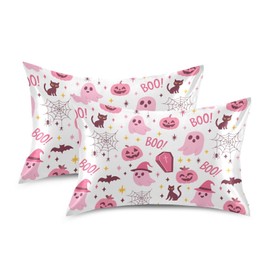 Halloween Pink Ghost Pumpkin Pillow Covers Silk Pillowcase for Hair and Skin Soft and Smooth Cooling Satin Pillowcase Standard Size Pillow Case for Women Hot Sleepers, 20x26 Inch
