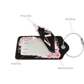 2 Pcs PU Leather Luggage Tag for Suitcases with Privacy Shield and Name ID Tag Address Card Travel Cruise Luggage Tag, Suitable for Men and Women Baggage Handbag Backpack,Flower and Monogram(Letter M