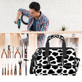 Cow Print Animal Tool Bags for Men Women Multi-Pockets Wide Mouth Tool Organizer Storage Tote Bag Waterproof Stroage Bags with Adjustabe Shoulder Straper for Car Networking Electrician Garden