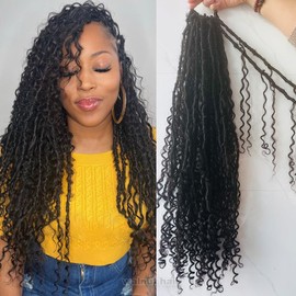 walnut hair Pre-looped Crochet Boho Locs with Human Hair Curls Goddess Crochet Locs With Curly Ends Human Hair Soft Dreadlocks Hair for Black Women Natural Color 18inch 3 Packs 72 Strands