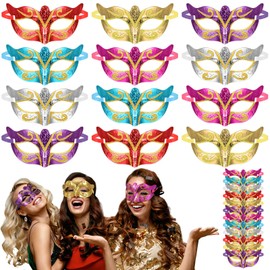 VioraWhite 60 Pack Multicolored Masquerade Mask Gold Shining Plated Mardi Gras Mask for Purim Mardi Gras Wedding Party(Classic,Glitter)