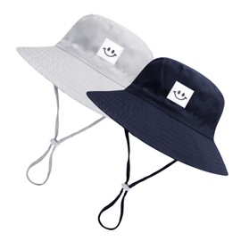 Orfila Baby Sun Hat Smile Face Toddler Bucket Hat Kids Girls Boys Summer Sun Protection Wide Brim Adjustable Chin-Strap Beach Hat Baby Hats 6-12 Months 12-18 Months 2Pack Navy & Grey