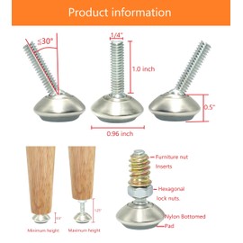 Furniture Levelers Swivel Feet,Angle Height Adjustable，Adjustable Nylon-Bottomed Pads for Table, Chair, and Furniture Legs-Pack of 8 ，1/4-20 Nut Inserts Kits(1/4" Nylon)