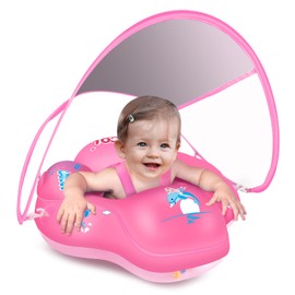 LAYCOL Baby Swimming Float Inflatable Baby Pool Float Ring with Sun Protection Canopy,add Tail no flip Over for Age of 3-36 Months (Pink, XL)