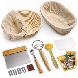 RORECAY Bread Banneton Proofing Basket Set, 9 Inch Round & 10 Inch Oval Cane Sourdough Baskets with Dough Whisk Lame Dough Scraper Bowl Scraper Silicone Brush Sourdough Bread Baking Supplies