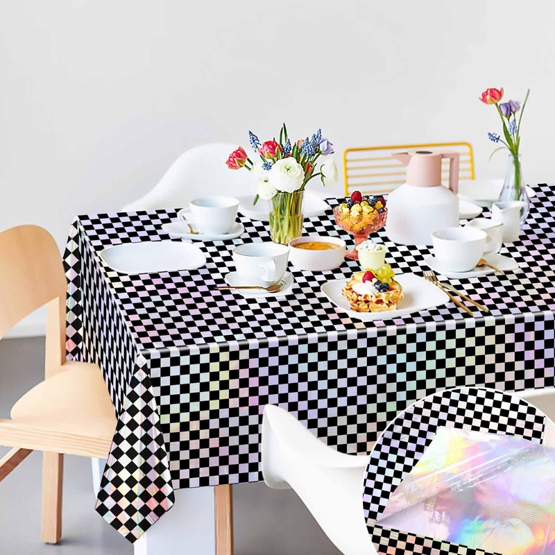 FALIZIFU 1 Pack Black and Iridescent Checkered Tablecloth Shiny Disposable