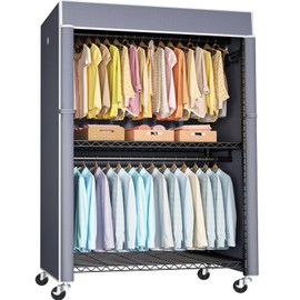 FUTASSI Black Clothing Rack with Grey Cover, P1C Plus Rolling Closet Rack with Wheels, Metal Garment Rack for Hanging Clothes, Clothing Storage Wardrobe, 46" W x 18.5" D x 80.7" H, Load 524 Pounds