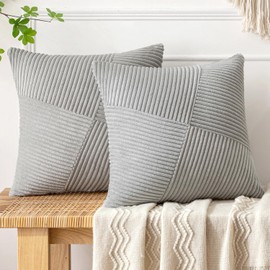 MIULEE Cushion Cover 40 x 40 cm, Grey Corduroy, Set of 2 Cushion Covers, Decorative Cushion Cover, Sofa Cushion, Decorative Cushion, Striped Pattern, Patchwork Design for Living Room