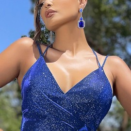 BriLove Women's Fashion Wedding Geometry Crystal Emerald Cut Infinity Chandelier Dangle Earrings Royal Blue Silver-tone