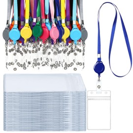Marspark Colored Lanyard with ID Holder Include Flat Lanyard with Retractable Badge Reel and Clear Vertical Card for Offices (11 Colors, 50 Set)