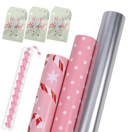 BIOBROWN Christmas Wrapping Paper with Tags and Trim Ribbon - Mini Roll - 17 Inch X 10 Feet (3 Rolls: 42 sq. ft. ttl.) - Pink Designs for Christmas, Party, Holiday