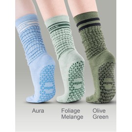 Juclise Non-Slip Yoga Socks for Women Breathable Grippy Workout Socks for Pilates Barre Gym & Meditation (US, Alpha, Medium, Regular, Regular, Olive Green + Foliage Melange + Aura)