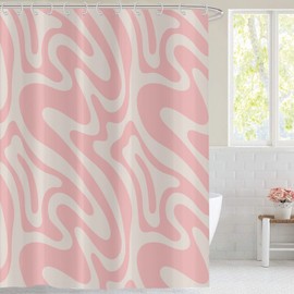 Hnmdmyi Shower Curtain Pink 180 x 180 cm, Abstract Retro 70s Shower Curtains Modern Aesthetic Wavy Swirl Minimalist Girls Bath Curtain Waterproof Polyester Fabric Washable Bath Curtain