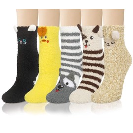 Loritta 5 Pairs Womens Fuzzy Socks Cozy Soft Fluffy Cute Cat Animal Winter Warm Slipper Socks Christmas Stocking Stuffers, C-5 Pairs Animal C2