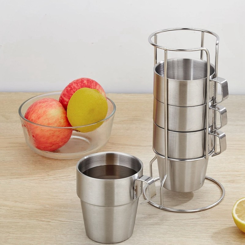 Stainless Steel Camping Cup Set of 4 Double Layer Coffee
