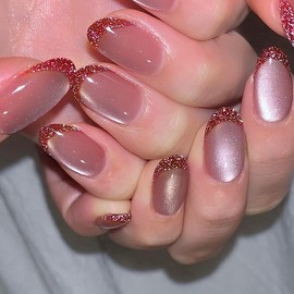 French Tip Press on Nails Short Almond Fake Nails Red Glitter Acrylic Nails Pink Cat Eye False Nails Shiny Oval Artificial Nails Glossy Glue on Nails for Women Girls Manicure Nails Decoration 24Pcs