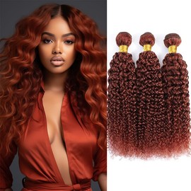 Auburn Kinky Curly Bundles Human Hair Reddish Brown Bundles Color 33 Human Hair Curly Wave Bundles Double Weft Brazilian Remy Hair Extensions Silky and Soft for Black Women (28 28 28 Inch 3 Bundles)