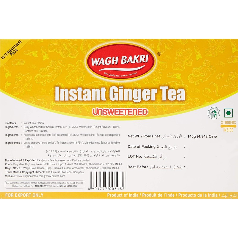 Wagh Bakri Instant Ginger Tea | Unsweetened No Added Sugar