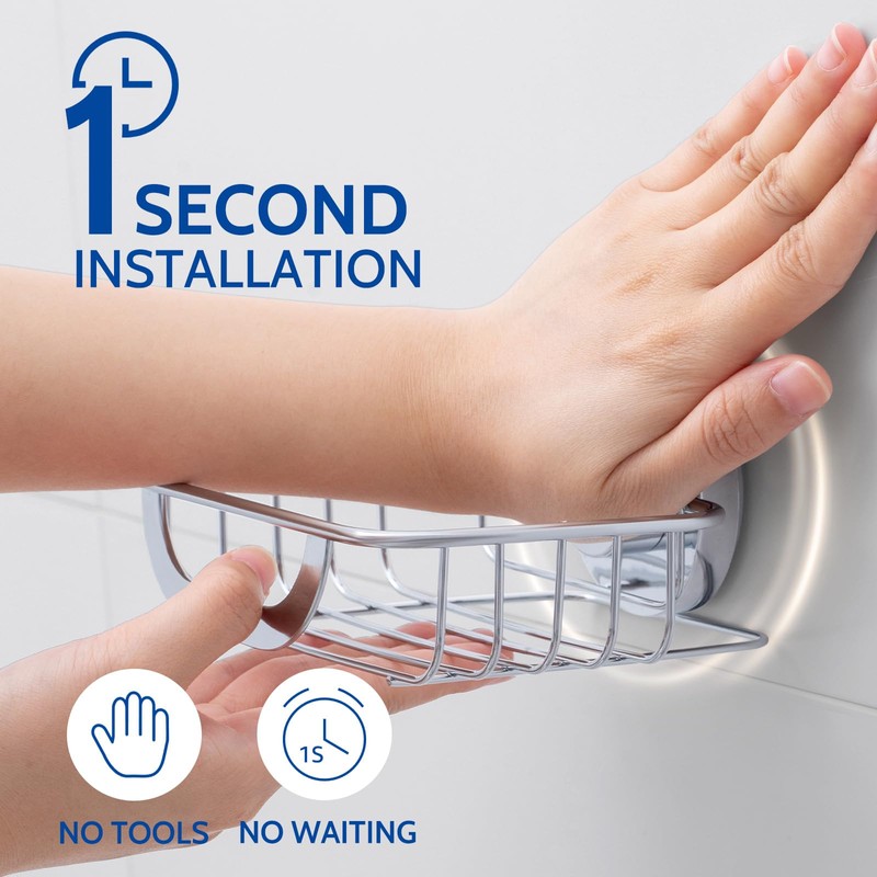 SWAMTIK Suction Cup Soap Dish with 4 Hooks, Stainless Steel