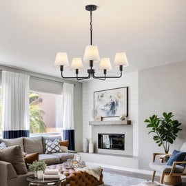 Black Chandeliers for Dining Room 30” Bedroom Light Fixture with White Fabric Shade 5-Light Modern Farmhouse Chandelier Adjustable Pendant Lighting Fixtures for Kitchen Island,Living Room,Entryway