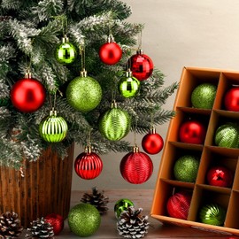 Lunmon 64 Pcs Christmas Ball Ornaments Lime Green Red Christmas Ornament Plastic Glitter Christmas Tree Decoration Assorted Size Hanging Xmas Ornament for Tree Home Indoor Decor, 1.6/1.97/2.4 Inch