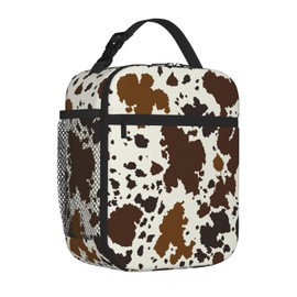 HKHEHOP Cow Print Brown Pattern Lunch Bag Insulated Reusable Lunch Box Lunch Tote Lunchbox Portable Bento Bags For Men Women Office Work Travel Picnic Camping