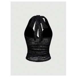 Verdusa Women's Gothic Spiderweb Halter Top Mesh Sheer Backless Fitted Crop Tops Black Small