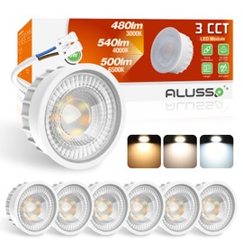 ALUSSO 6W LED Module, Ultra Flat GU10 and MR16 Replacement, 3000K/4000K/6500K LED Bulb with 50mm x 23mm Installation for Recessed Spotlight, IP44 LED Module 230V, Pack of 6