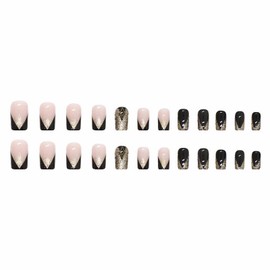 MISUD Medium Square Press on Nails Squoval Fake Nails Black French Tip Artificial Acrylic Nails Glossy Glue on Nails Gold Bling Glitter Stick on False Nails with Design 24 pcs