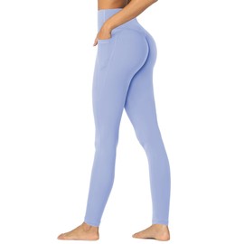 Sunzel Invisible Butt Scrunch Workout Leggings with Pockets for Women, No Front Seam Booty Gym Yoga Pants with Tummy Control 28" Light Blue Large