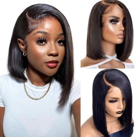 RXY 13 x 4 Bob Straight Wig Real Hair Wig HD Transparent Lace Front Wigs Human Hair Wig Women's Real Glueless Wig Human Hair 180% Density 10 Inches