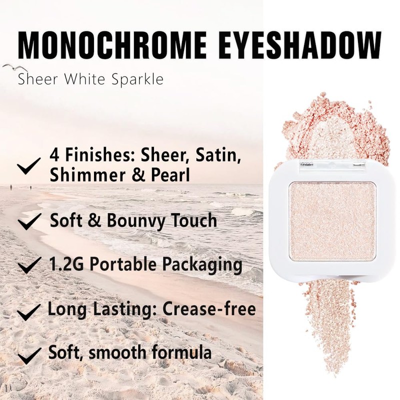 Kaely Pressed Single Eyeshadow Makeup, Sheer White Sparkle Highly Pigmented