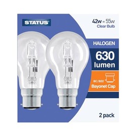Status Pack of 2 x Halogen GLS 42watt Equivalent to 55watt Clear Bayonet Cap Warm White Light Colour 2700k Fully Dimmable