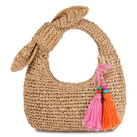 Straw Handbags Small Tote Purse Bow Knotted Straw Clutch with Tassels for Summer Beach Travel, Khaki with Orange Tassel