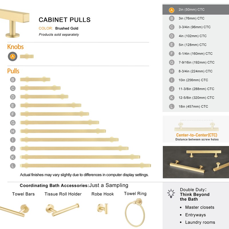 QOGRISUN 5-Pack Solid Brass Cabinet Knobs, Gold Square T Bar
