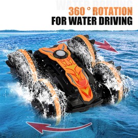 Amphibious Remote Control Car with 2 Styles Controlled by Remote， Water and Land Stunt Car Toy with RC, Gesture Sensing,4WD, 360° Rotation - for Kids 6+, Beach and Pool Fun for Teens Adults（ORANGE）