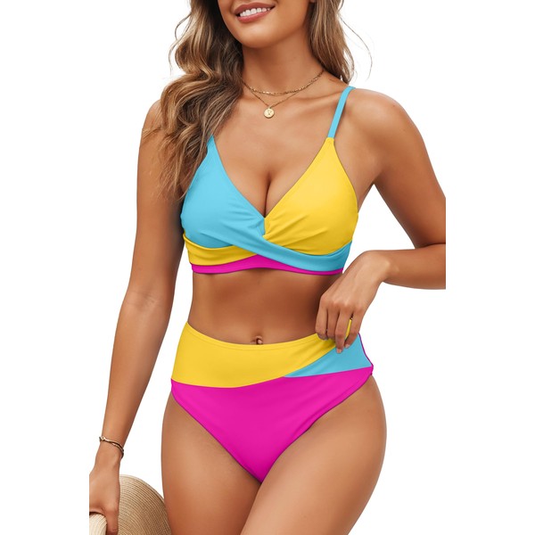 Adisputent Womens High Waisted Bikini Sets Deep V Color Block