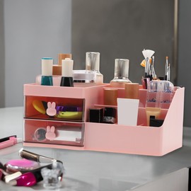 VOCOSTE Makeup Organizer, Cosmetic Organizer W/ 2 Drawer, 8 Grids Makeup Organizer for Countertop Vanity Bathroom Counter for Brushes Lotions Lipstick, Pink