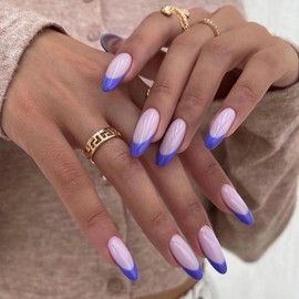 Bufenia 24 Pieces False Nails Simple Lines Medium Length Ballerina French Lace Press On Full Cover Stick on Nails for Women and Girls (A)