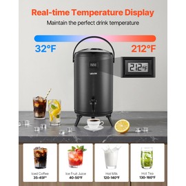 VEVOR Insulated Beverage Dispenser, 3.2 Gal/12L Stainless Steel Thermal Drink Server with Spigot & Temp Display, Suitable for Hot and Cold Drinks, for Tea Coffee Water in Cafes & Restaurants, Black