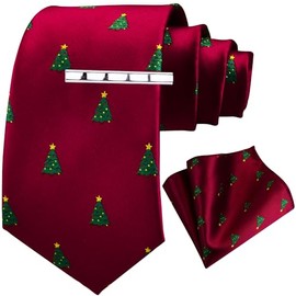 GUSLESON 3.15"（8cm） Christmas Tie Festival Necktie Pocket Square and Tie Clip Set with Gift Box, A-red/Christmas Tree, Large