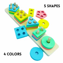 KBSMART Montessori Toys Wooden Stacking Blocks - Wooden Puzzles Preschool Toy Set for 1+ Year Old - Educational Toys Shape Sorters Learning Puzzles Birthday Gift for One Year Old Boy and Girls