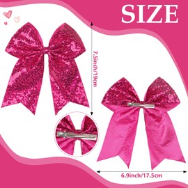 JOYOYO 2Pcs Glitter Cheerleader Bow Clips, 7.5 Inch Large Hair Bow, Ponytail Holder Handmade, Hair Accessories for Girls, Teens for Cheerleading, Dance, Party (Hotpink)