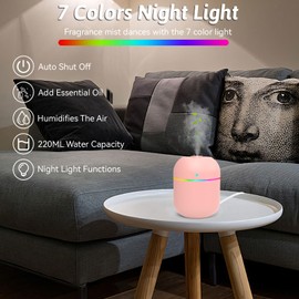 220ml Mini Essential Oil Diffuser for Desk, Small Humidifiers for Bedroom Aromatherapy Diffusers for Home Fragrance Aroma Diffuser with Night Light & Auto-Off Pink