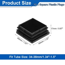 sourcing map 12Pcs Square Plastic Plugs, 40 x 40mm/1.57 x 1.57inch PE Pipe Tubing End Caps for 34-38mm/1.34-1.5inch Square Tube Furniture Chair Leg, Black