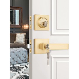 EHOMEWARE Gold Door Handleset with Single Cylinder Deadbolt, Satin Brass Deadbolt, Reversible for Right and Left Side Single Keyed Square Deadbolt Lock Set, Square Handle