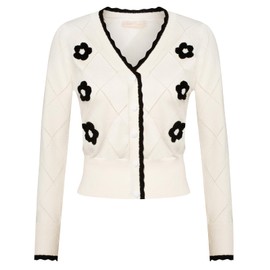 Belle Poque Womens White Knit Lightweight Cardigan Sweater Floral Long Sleeve V Neck Cropped Cardigan Shrug 2XL