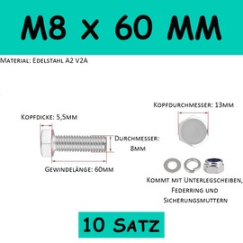 ORTAVA Hex Bolts M8 x 60mm Pack of 10 M8 Screws Male Hexagon Stainless Steel A2 V2A with Locking Nuts M8, Washers and Spring Washers Machine Screws Stop Nuts