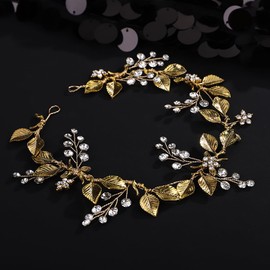 Octwine Vintage Bridal Gold Leaf Headpiece Handmade Wedding Headband Hair Vine Rhinestoens Headband Bridal Wedding Hair Accessories