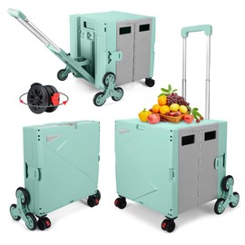 FELICON Folding Climber Utility Cart Rolling Crate Tote on Rotate Wheels with Adjustable Handle Hidden Lid Cup Holder Storage Bin for Teacher Office File Move Shop Travel Laundry Grocery(Green Gray)